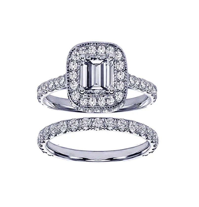 Pes Mode-sieraden! Kussen-Omlijst Pave Diamanten Ingelegde Emerald-Cut Stapelbaar Ring Set