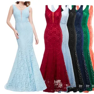 Fashionable design korean lace bridesmaid sleeveless V-neck Sexy evening party dress