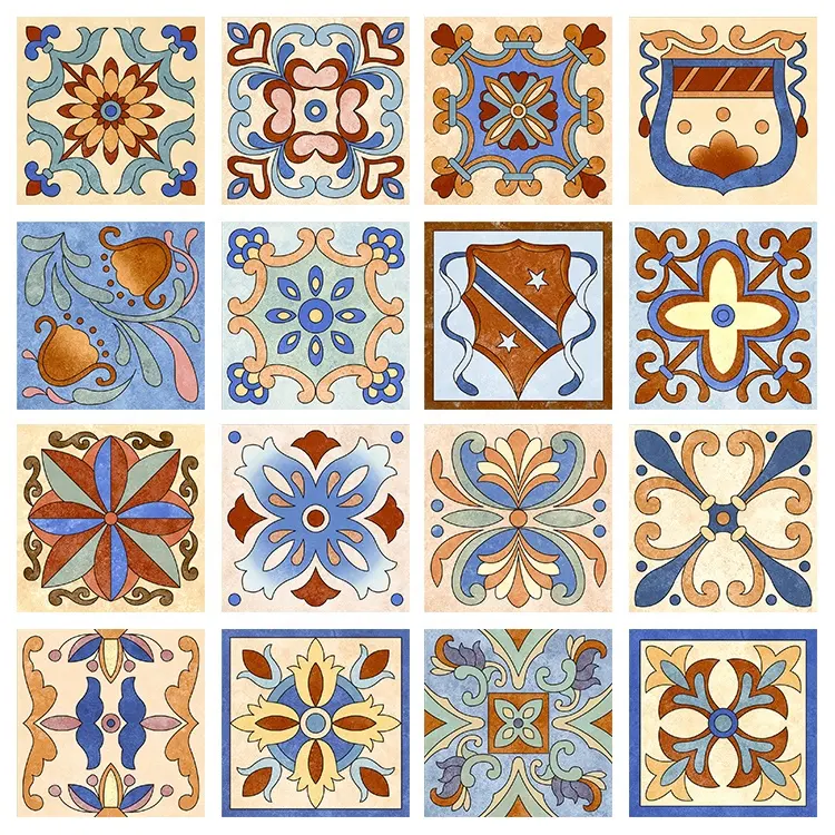 Ancient 8 inch Classic Hand Painted Portuguese Cement Effect Decorative Ceramic Tile 200x200