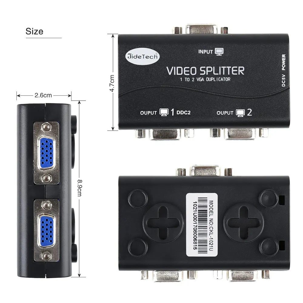 공장 공급 2 VGA 분배기 1x2 USB 전원 비디오 오디오 분배기 VGA 250MHZ 거리 65M