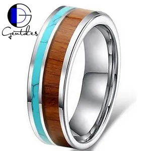 Gentdes Sieraden 8Mm Platte Hawaiiaanse Koa Hout En Turquoise Inlay Titanium Trouwring Groothandel