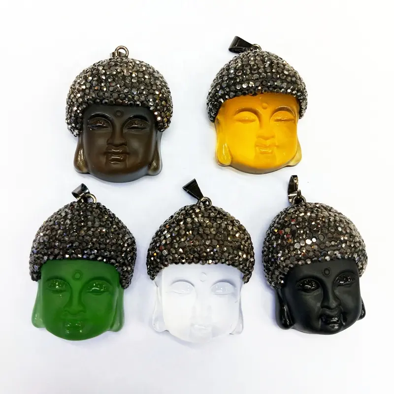 Natural carved rhinestone paved buddha head pendants buddhist jewelry boho gemstone buddhism luck pendant for necklace making