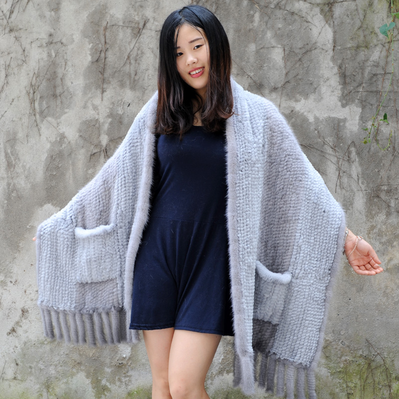 CX-B-27 хорошая цена пончо с мехом макраме из натурального меха норки, СНД на кроличьем меху шали с карманом