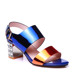 WETKISS Wholesale Plus Size 43 PU Metallic Leather Sandals Blue Crystal Block Heels Sandals Summer Sandals for Women Ladies