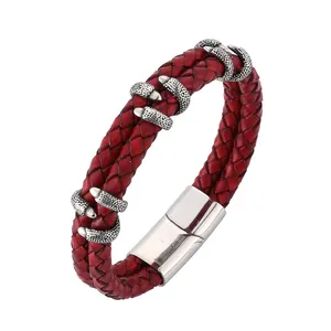 Lucky Vintage Darker Red Cord Top Grain Hot Sale Magnetic Clasp Leather Bracelet For Women and Men