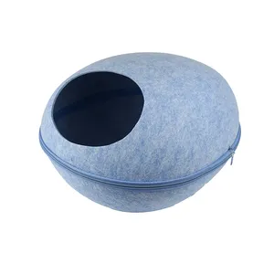 Lit rond en forme d'œuf pour chat et chien, sac de couchage à fermeture éclair, en tissu en feutre, nid d'hiver chaud pour animal domestique, avec tapis de coussin détachable