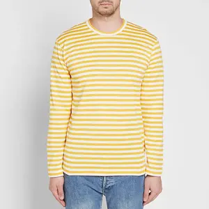 Мужская футболка с длинным рукавом, 100% хлопок, в желтую и белую полоску