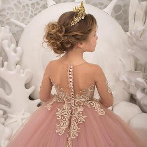 Abiti da Damigella <span class=keywords><strong>Rosa</strong></span> per Matrimoni con Maniche Lunghe in <span class=keywords><strong>Tulle</strong></span> e Pizzo, Vestiti da Cerimonia per Ragazze - Product Image 3