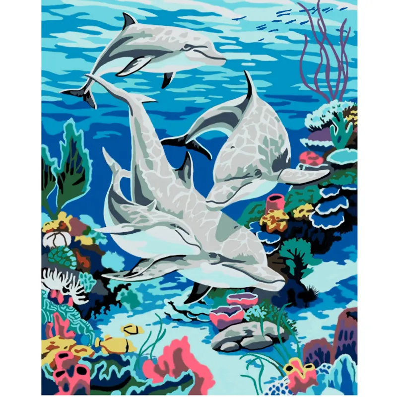 Pintura al óleo Digital colorida familia de delfines en el fondo marino dibujo lienzo pintura al óleo conjunto marcos de pintura al óleo al por mayor