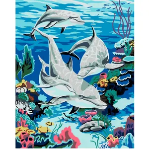 Colourful Digital Oil Painting Dolphin Family On The Seabed Drawing Canvas Oil Painting Set Oil Painting Frames Wholesale