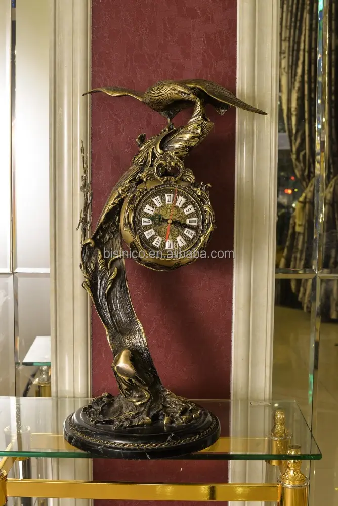 Vintage Bird Landing on Branch Decorated Table Clock, Antique Design Table Clock with Marble Base