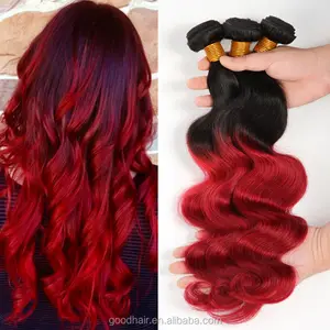 Extensão de cabelos peruanos, ondulado de cabelo humano preto ombré vermelho