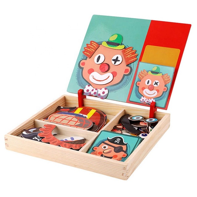 Wooden Educational Toys Easel Dry Erase Board Fun Reusable Stickers Magnetic Puzzles Game Set