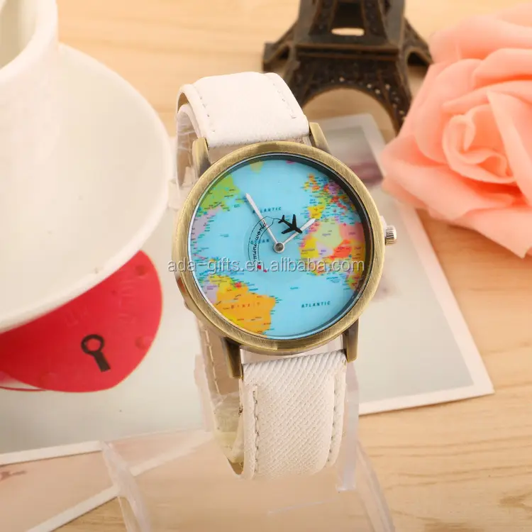 Popular World Map Watch Travelling Airplane Watch Demin Strap Women Wrist Watch Cheap Stock