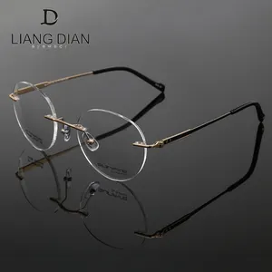 Hazır stok En kaliteli el yapımı titanyum gözlük gözlük, yuvarlak çerçeve çerçevesiz erkek optik çerçeve
