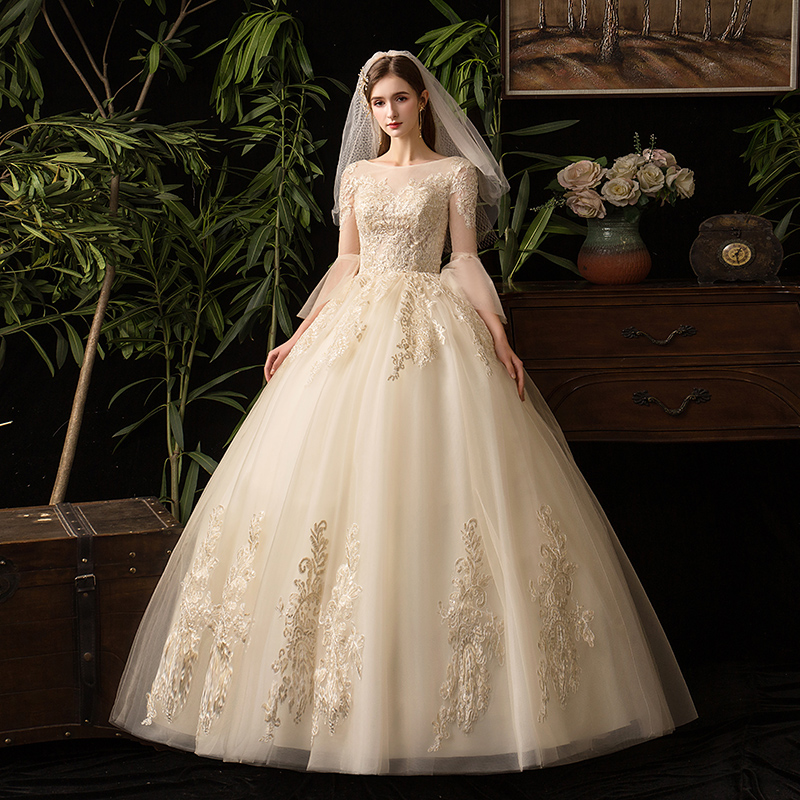 chinese dress ladies Nude Champagne Wedding Dress with Sleeves main image 1