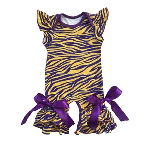 Boutique stylish little girl sleeveless baby clothes in purple and gold tiger print ruffle icing romper in nice good quality