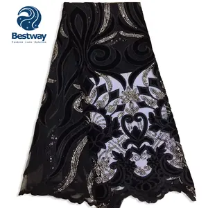 Bestway Latest Black african lady party mesh sequin embroidered french fabric lace with velvet