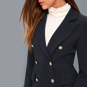 OEM ODM servicio Otoño Invierno manga larga bolsillos con solapa coreano cruzado azul marino mujeres abrigo con botones de oro - Product Image 2