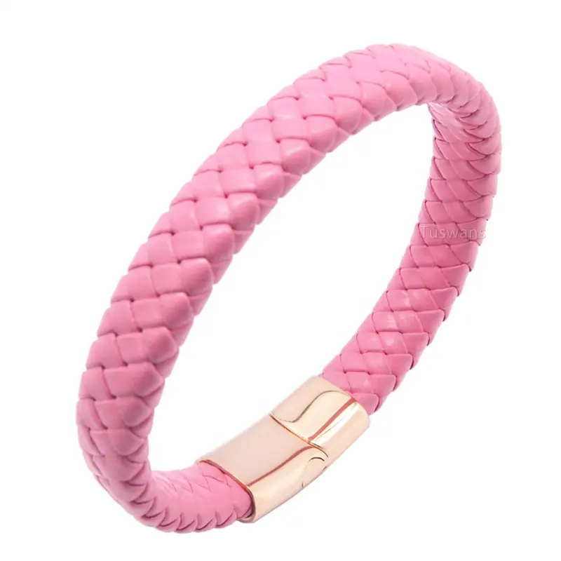 Bracelet double tour en cuir véritable tressé Rose pour femme, fermoir magnétique en acier inoxydable, couleur or ou Rose