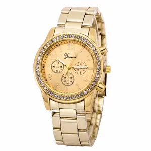 Geneva relógio de pulso feminino dourado, relógio de pulso de quartzo aço inoxidável barato, 4 cores, novo, 2015