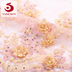 100% poliéster 3D hermoso bordado encaje/<span class=keywords><strong>3</strong></span> D flor Malla tela neta del cordón del melocotón pálido color - Product Image 3