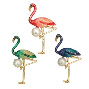 Corsage Gaun Lencana Burung Lucu Bros Pin Biru Hijau Merah Mutiara Flamingo Bros