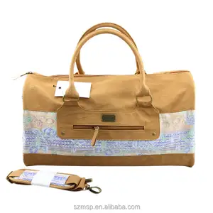 花卉帆布行李袋，骆驼麂皮PU周末旅行包