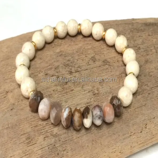 BS00201807 Boho Faceted Gemstone Beads With Gold Accent River Stone Beads Stretch Bracelet