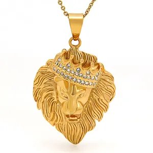 Marlary Hip Hop Style Crystal Rhinestones Stainless Steel 18K Gold Plated King Crown Lion Head Pendant