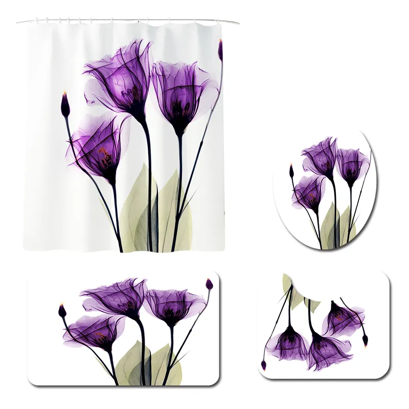 Purple lotus Bathroom Curtain Waterproof Fabric Geometric Shower Curtain and Bath Mat Cover Set 4Pcs