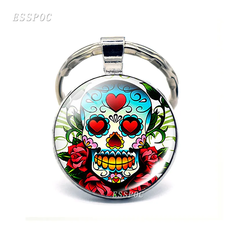 Sugar Skulls Keychain Mexico Folk Art Glass Pendant Metal Keyring Day of the Dead Jewelry Gift Halloween Gift Dome Key Holder