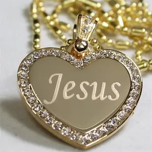 Yiwu Aceon CZ BLING HEART Gold plated High quality polish JESUS TAG PENDANT NECKLACE