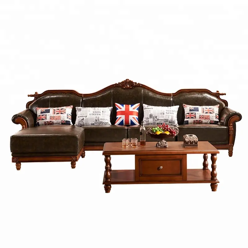 Mewah Gaya Amerika Ruang Tamu Furniture Antik Kayu dan Kulit Sofa Set