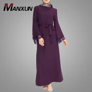 Elegant Purple Color Beautiful Dubai UK Style Abaya Muslim Kimono Lace Sleeves Dress With Belt Islamic Clothing Women Wear