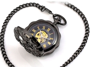 الرجال العتيقة الفاخرة العلامة التجارية قلادة الجيب وفوب الساعات ساعة الذكور أسود Steampunk الهيكل العظمي الميكانيكية ساعة جيب ذات سلسلة - Product Image 6
