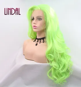 LINDAL 녹색 머리 긴 길이 재고 곱슬 느슨한 웨이브 13x3 레이스 프론트 고온 합성 가발