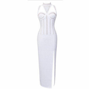 Robe pour femmes, col halter, sans manches, soutien-gorge intégré, robe à sequins brodés, découpe sur le devant, fente sur le dos, fermeture éclair au dos - Product Image 4