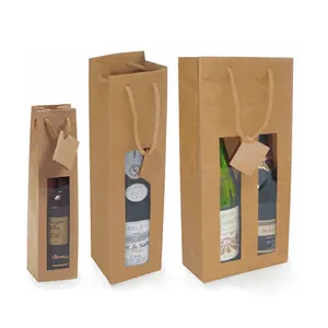 wine paper kraft bag with pvc window, wine printed paper bag