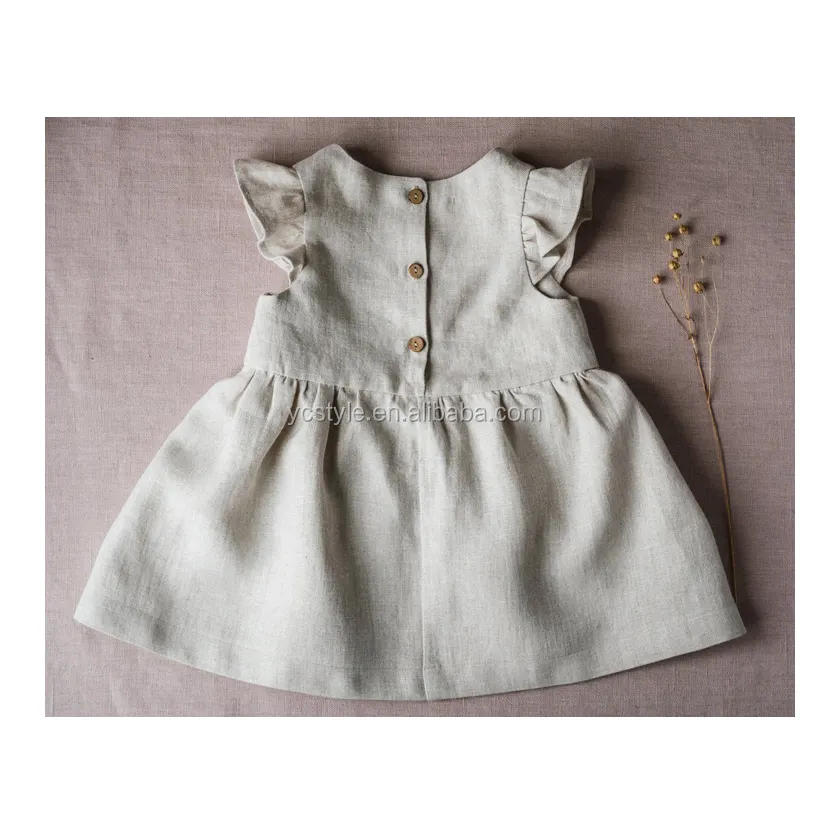 Atacado vintage vestido de bebê de linho, natural babados manga roupas de bebê meninas