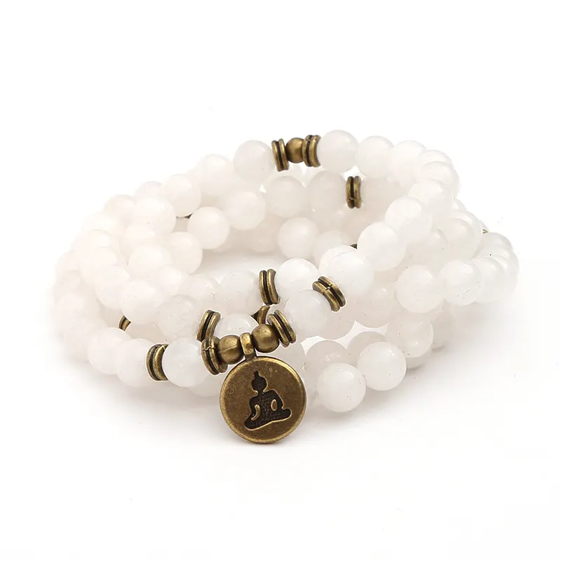 Pulseira de pedra jade branca natural, bracelete de pedra com berloque para oração 108