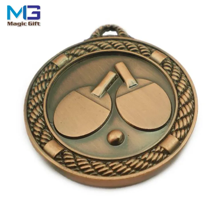 Wholesales existing mold no MOQ antique copper table tennis 3D metal medal Ping-pong ball