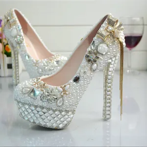 BS017 genuine leather wedding shoe costly bowknot rhinestone with waterproof shoes pearl crystal tassels bride shoes