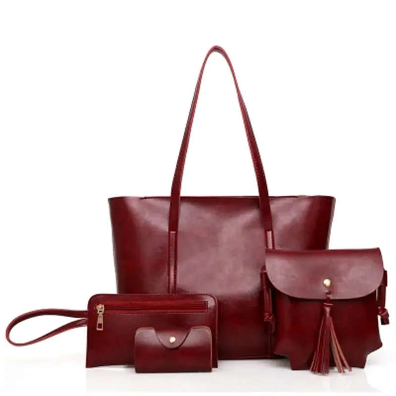 4 in 1 Mode Umhängetasche Frauen reine Farbe PU Leder Einkaufstasche Frauen billige Handtasche Set