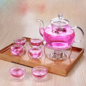 800ml / 27OZ cam filtreleme çay makinesi demlik mum isıtma isıtıcı ve çift duvarlı çay fincanları çağdaş çaydanlık seti