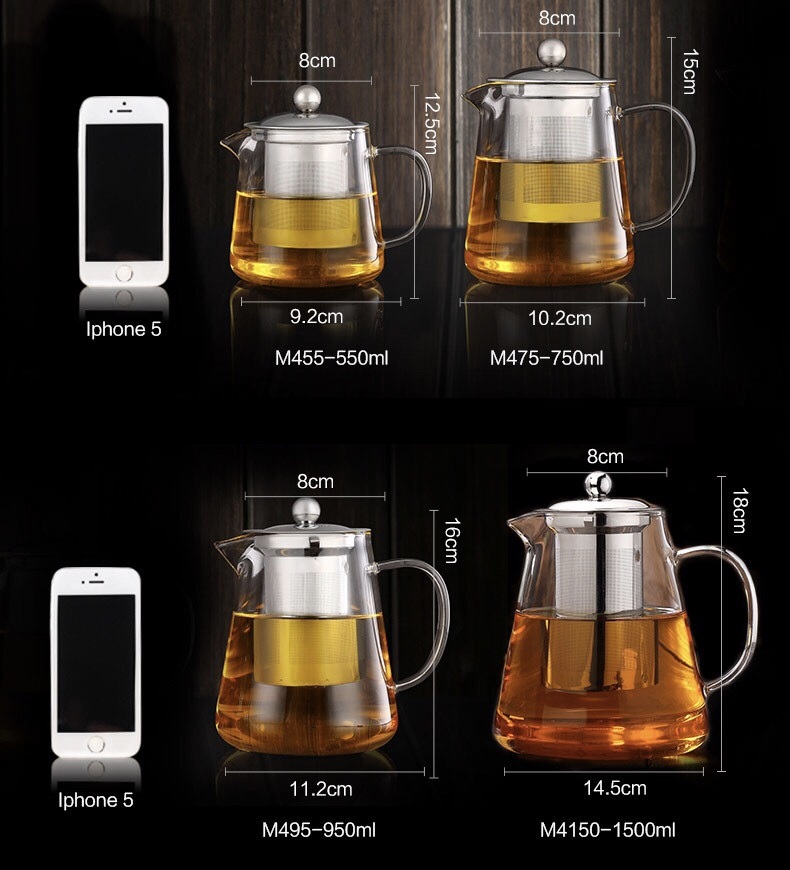 heat resistant clear Borosilicate glass teapot with removable stainless steel infuser