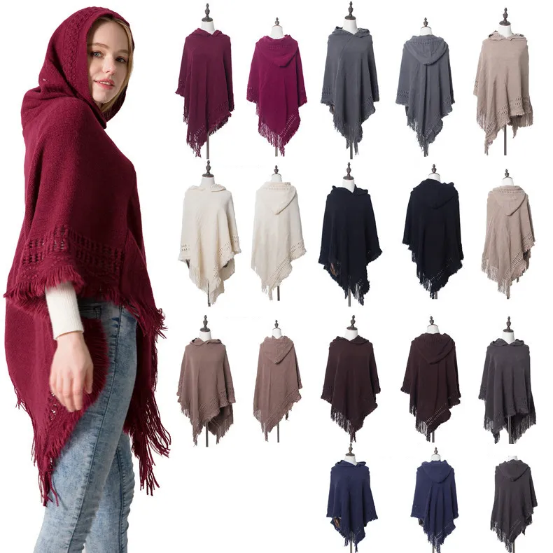 Bán Nóng Phụ Nữ Ấm Khăn Choàng Kết Thúc Tốt Đẹp Acrylic Dệt Crochet Mùa Đông Poncho Với Hat