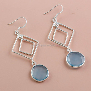 Pendientes de piedras preciosas de Plata de Ley 925, joyería de piedras preciosas de Calcedonia natural, joyería de piedras preciosas de plata mayorista, joyería fina - Product Image 1