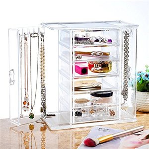 Clear Necklace Bracelet Display Case Jewelry Hanging Boxes <strong>Acrylic</strong> Jewelry <strong>Organizer</strong> <strong>Makeup</strong> Storage Box with <strong>6</strong> <strong>Drawers</strong>
