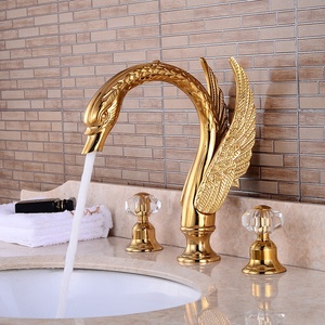 Núm Pha Lê Đôi Vòi Bồn Rửa Hình Thiên Nga 3 Lỗ Vòi Trộn Bồn Rửa Kết Thúc Vàng - Product Image 1